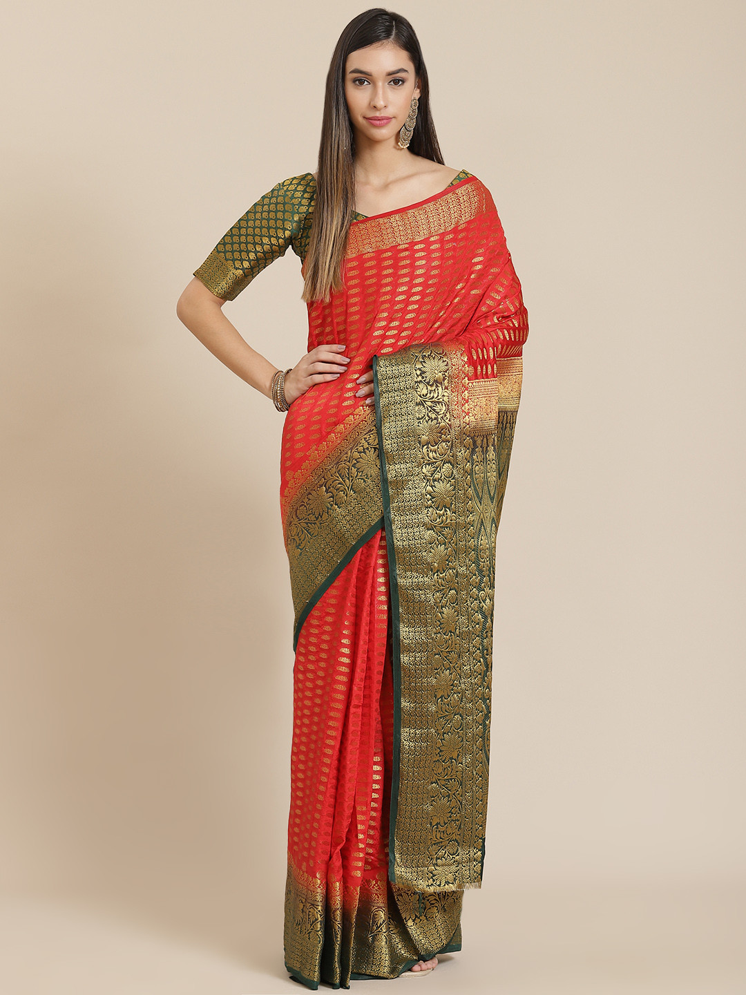 SERONA FABRICS Red Ethnic Motifs Zari Silk Cotton Banarasi Saree