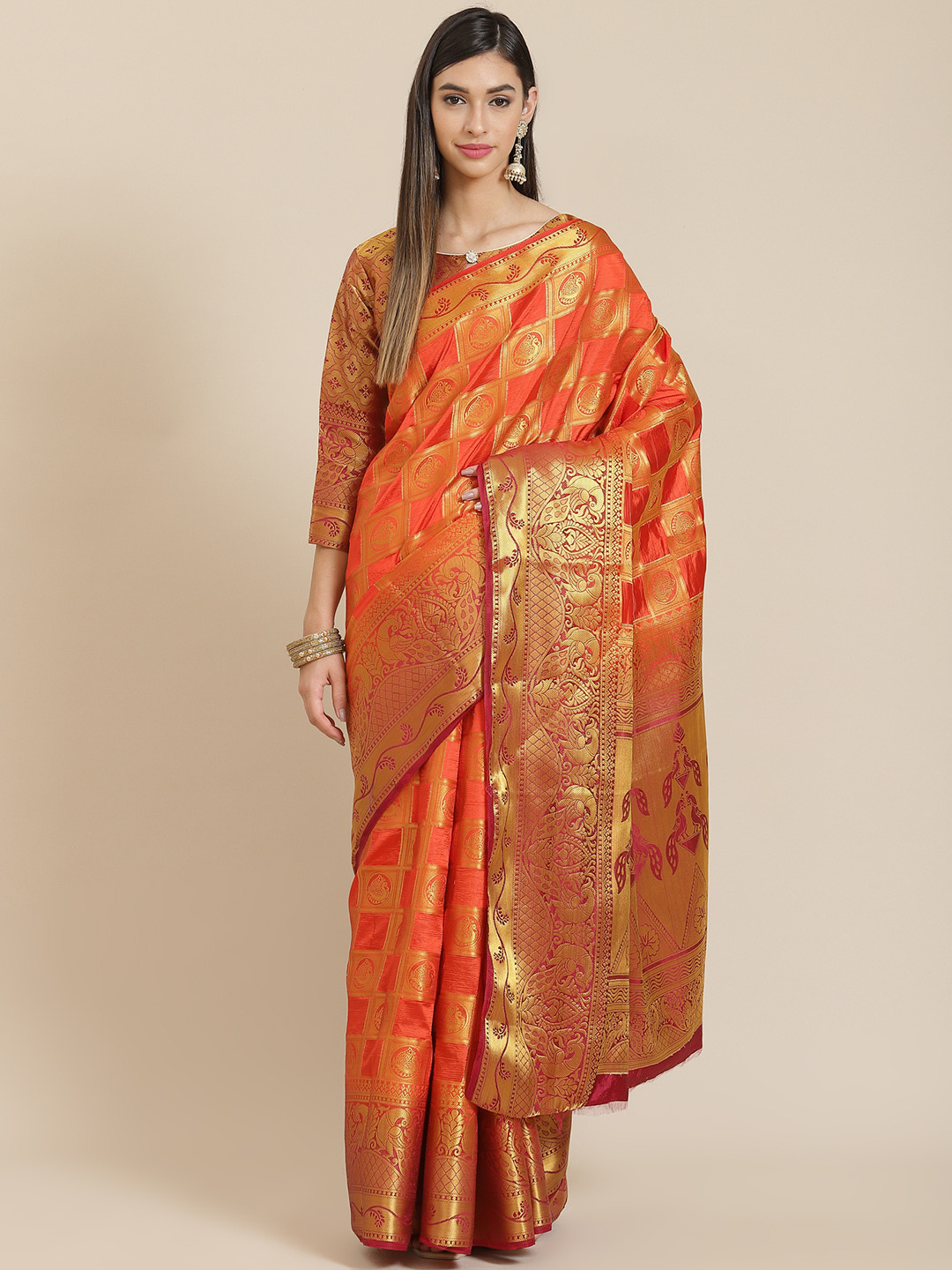 SERONA FABRICS Orange Ethnic Motifs Zari Jacquard Silk Blend Banarasi Saree