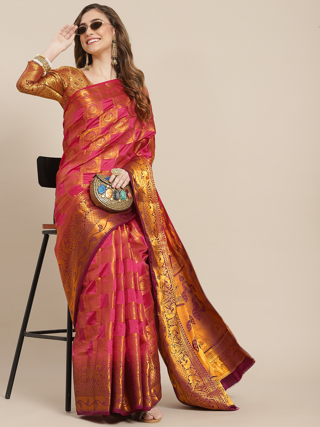SERONA FABRICS Pink & Maroon Woven Design Zari Silk Blend Ready to Wear Banarasi Saree