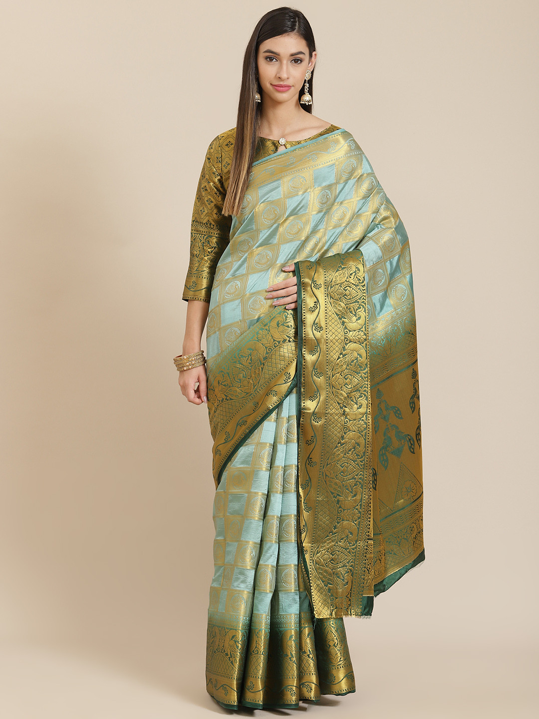SERONA FABRICS Olive Green Woven Design Zari Silk Blend Ready to Wear Banarasi Saree