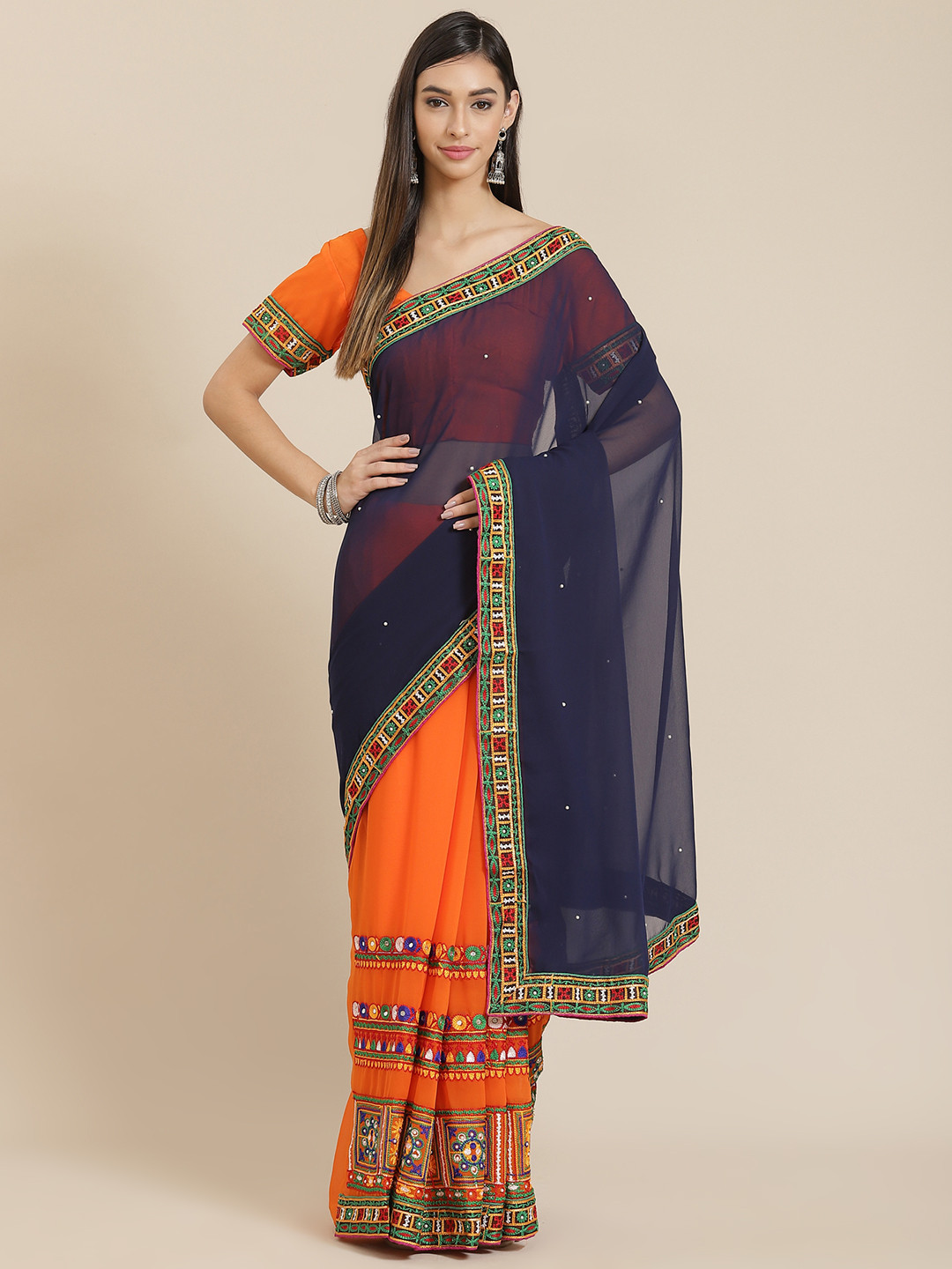 SERONA FABRICS Orange & Navy Blue Kutchi Embroidery Beaded Half and Half Saree