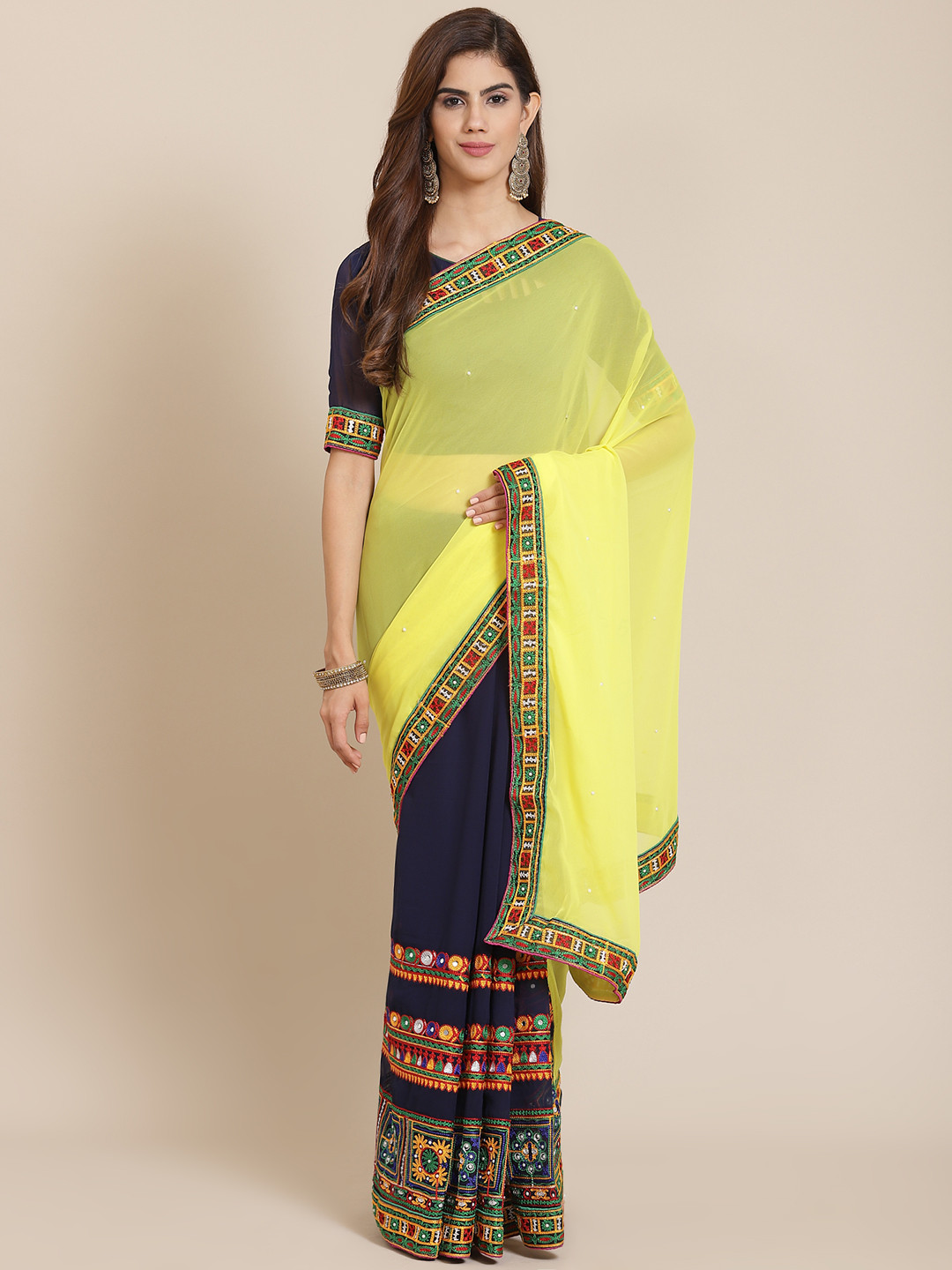 SERONA FABRICS Yellow & Navy Blue Embellished Kutchi Embroidery Pure Georgette Half and Half Saree