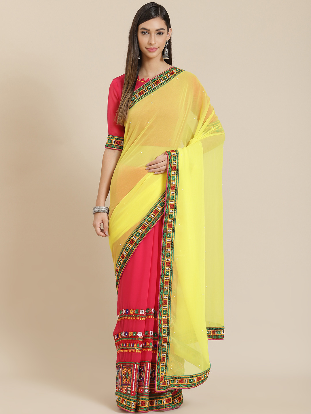 SERONA FABRICS Yellow & Pink Ethnic Motifs Kutchi Embroidery Beaded Half and Half Saree