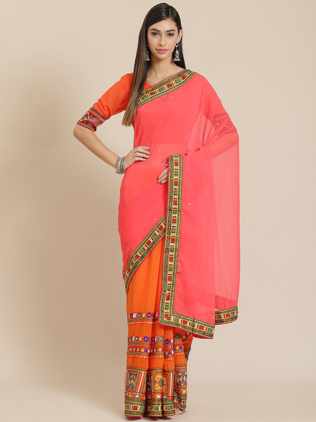 SERONA FABRICS Pink & Orange Embellished Kutchi Embroidery Pure Georgette Half and Half Saree