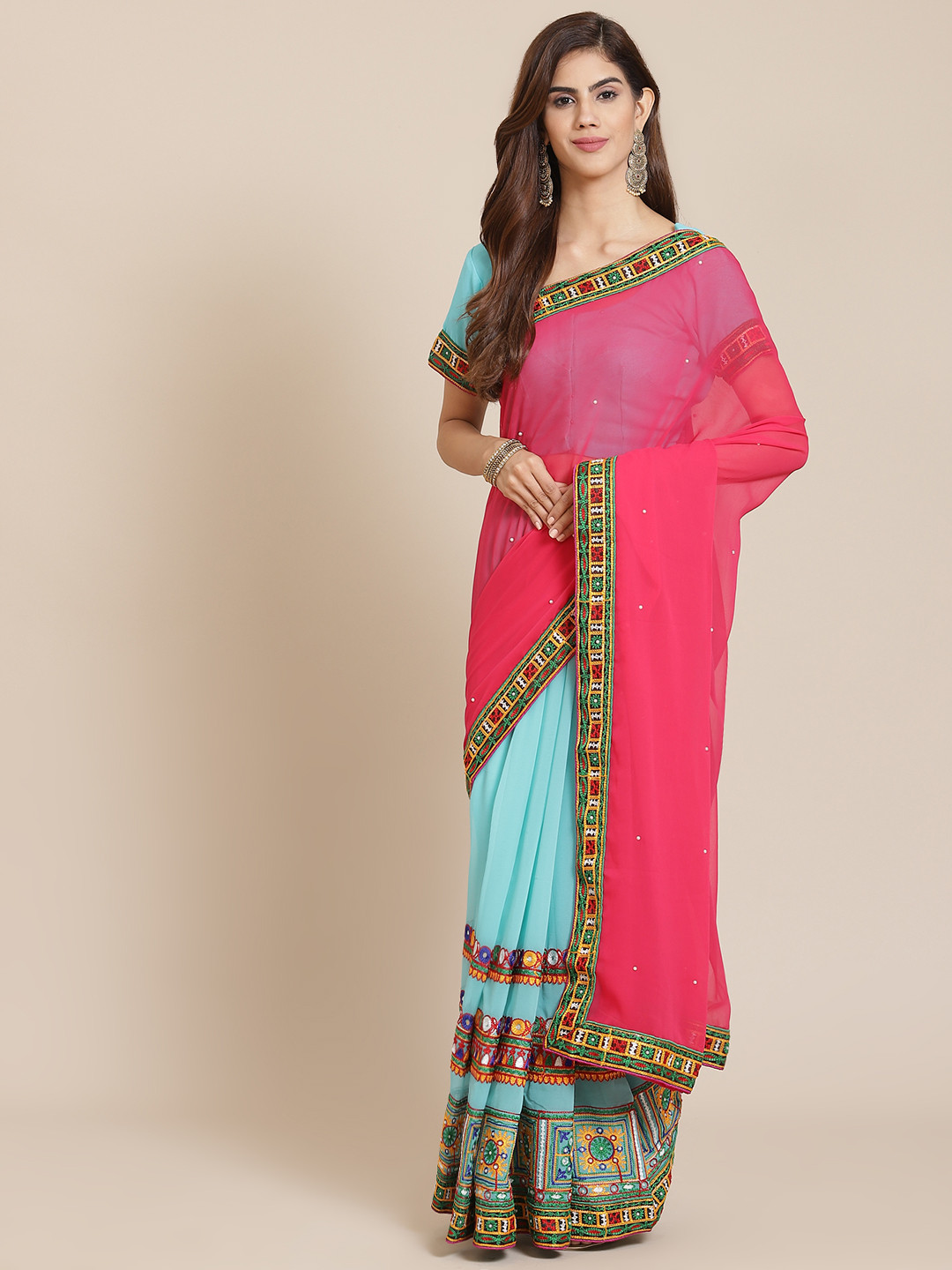 SERONA FABRICS Pink & Turquoise Blue Embellished Kutchi Embroidery Pure Georgette Half and Half Saree