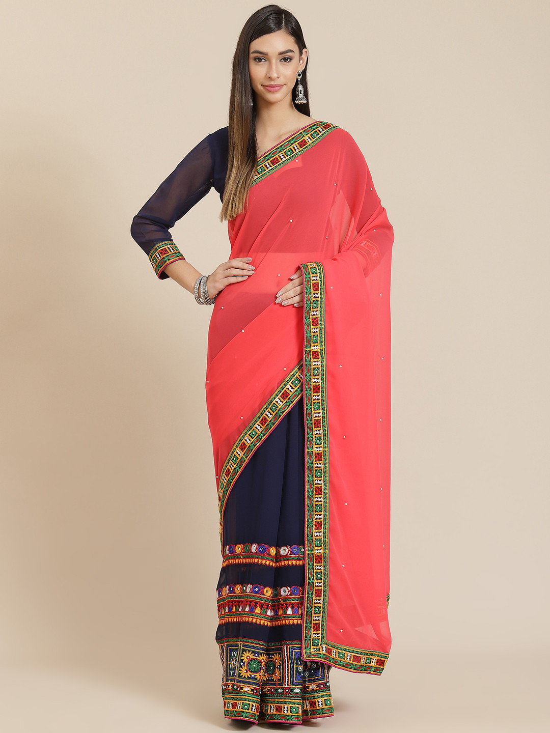 SERONA FABRICS Pink & Navy Blue Embellished Kutchi Embroidery Pure Georgette Half and Half Saree