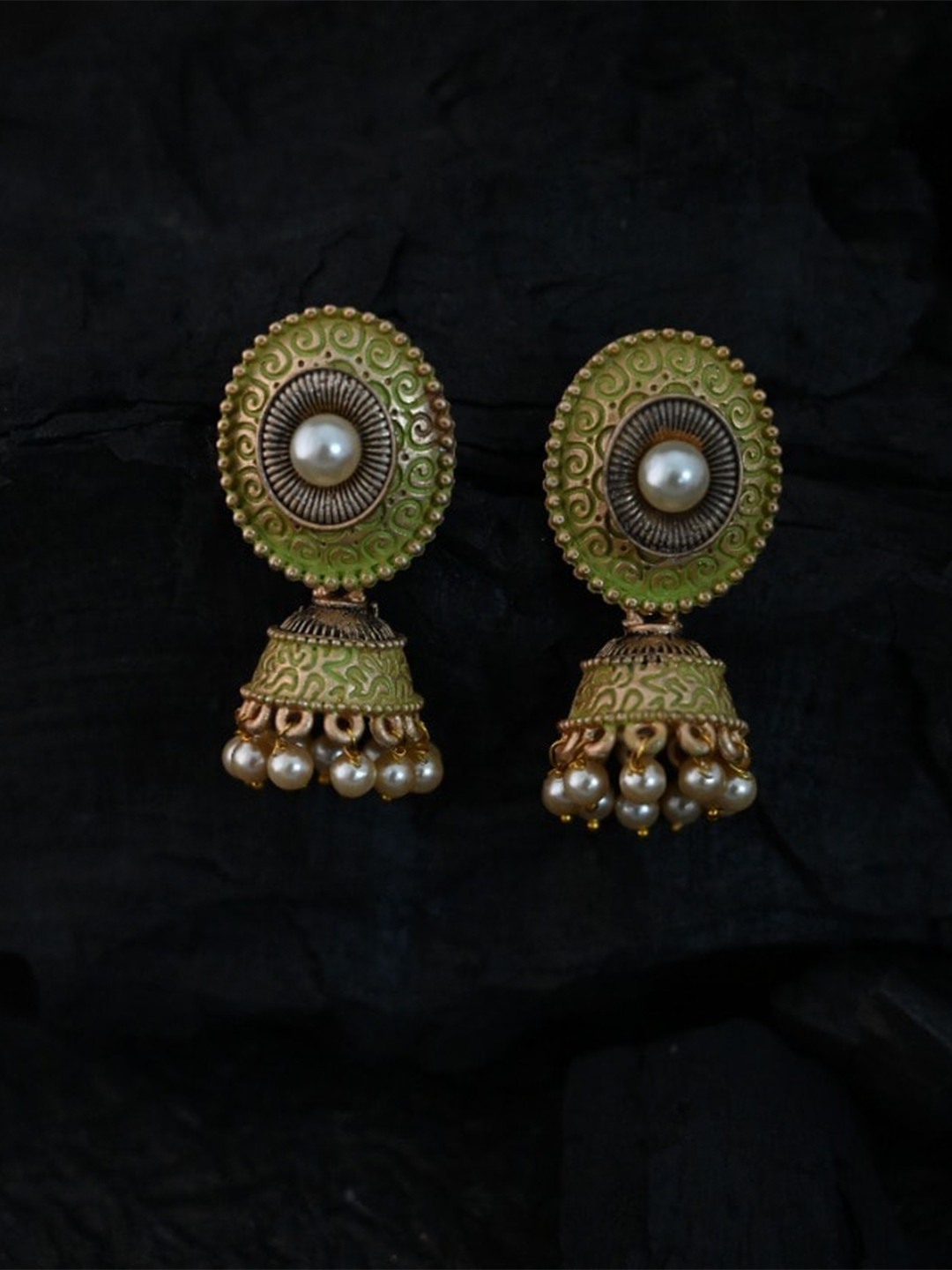 justpeachy Green Ethnic Meenkari Jhumkas With Pearl Embellishment