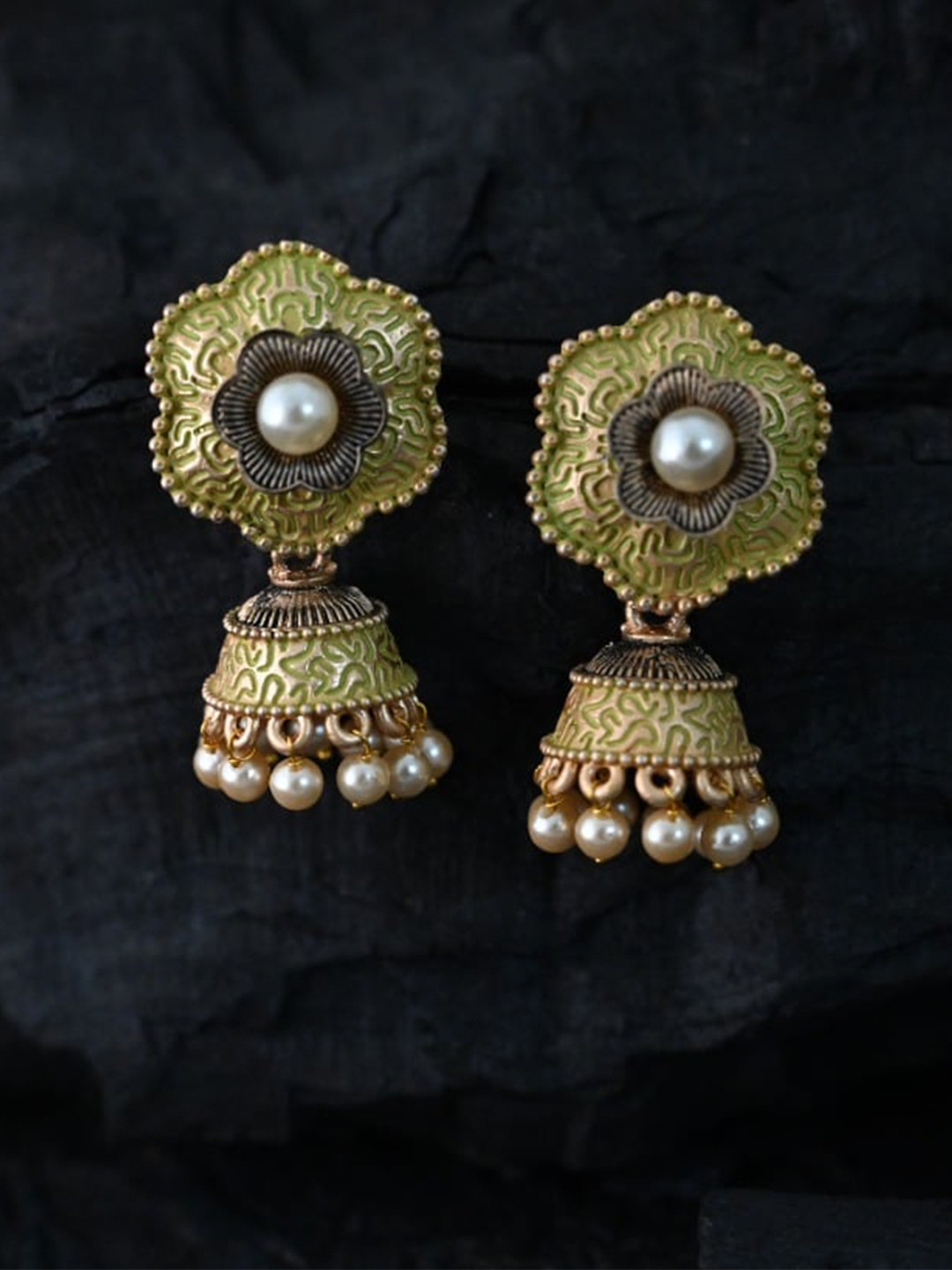 justpeachy Green Ethnic Meenkari Jhumkas With Pearl Embellishment