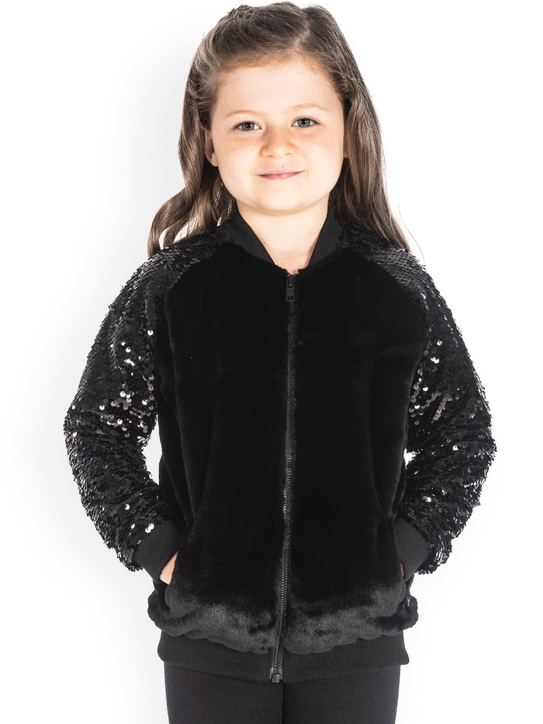 Cherry Crumble Girls Black Insulator Faux Fur Bomber Jacket