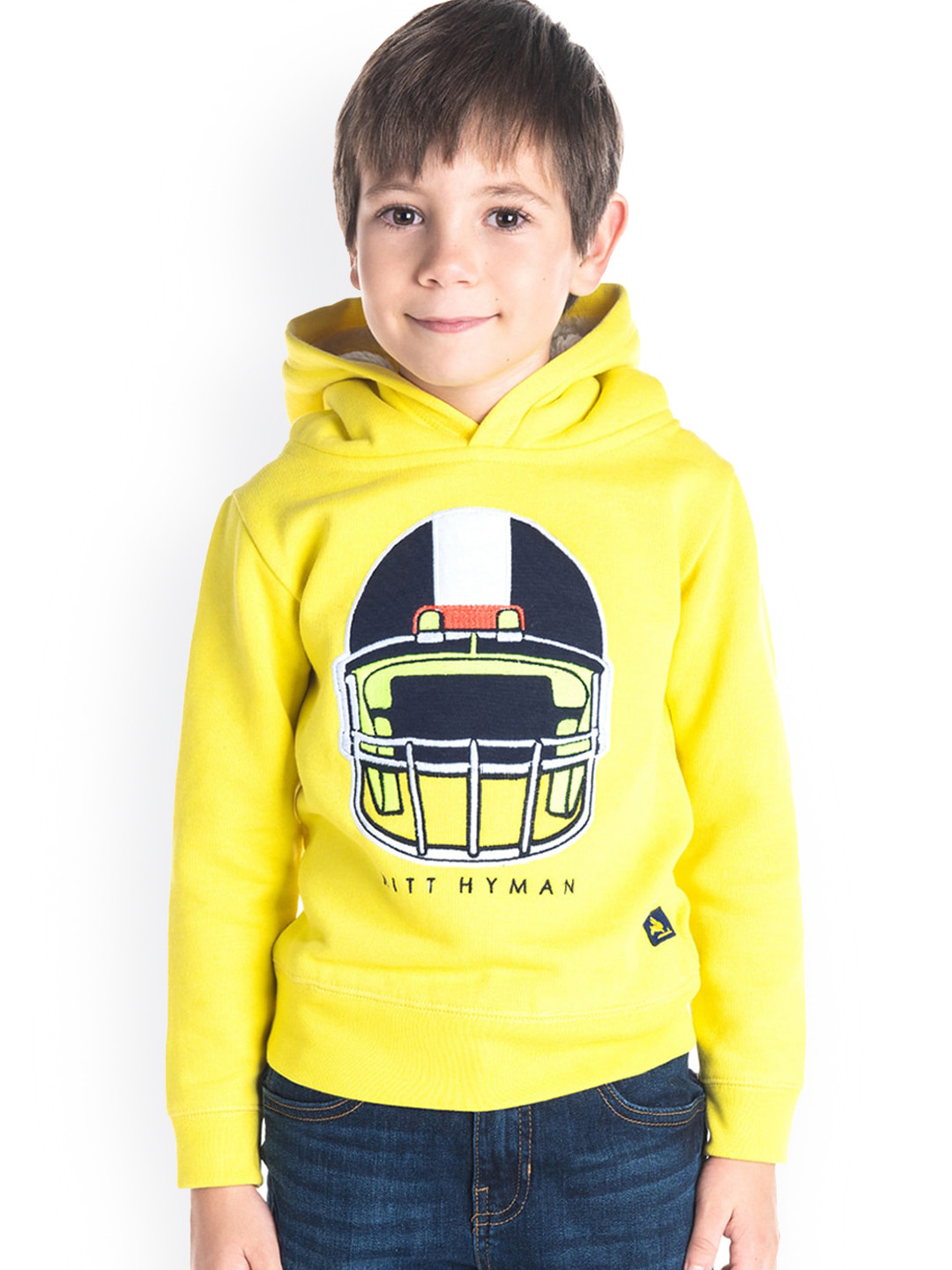 Cherry Crumble Boys Yellow Helmet Printed Hooded Sweatshirt