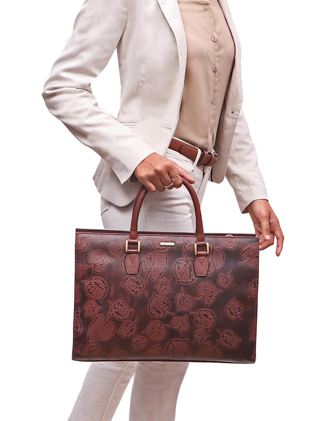 Hidesign Brown Floral Leather Women's Laptop Bag