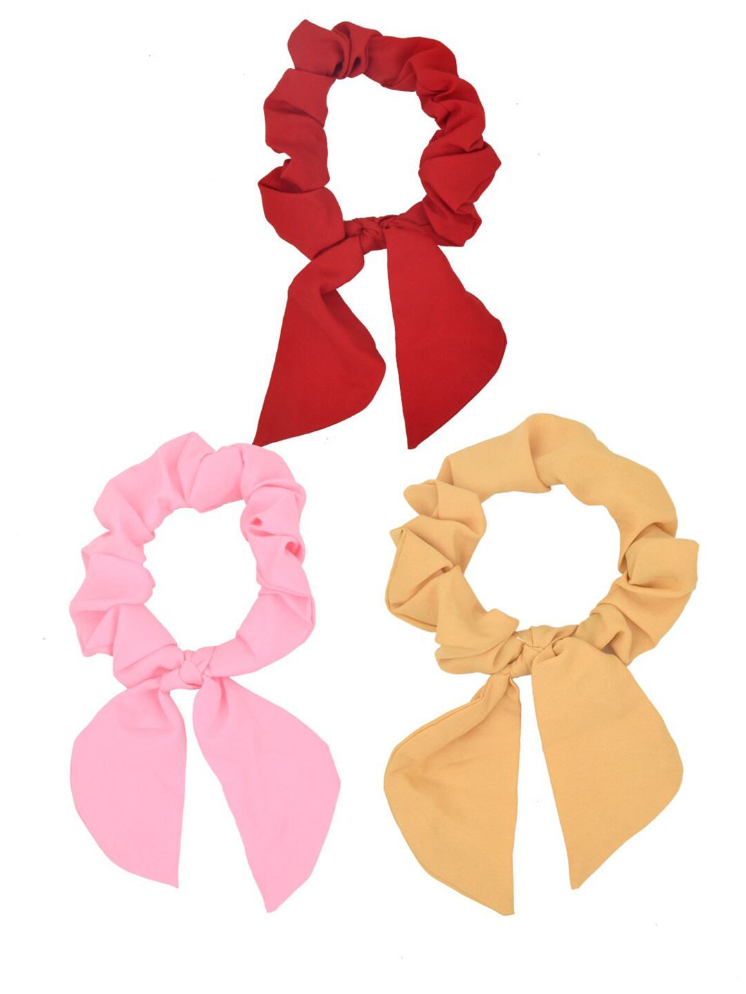 FUNKRAFTS Girls Set of 3 Beige & Red Scrunchie Scarf Ponytail Holders