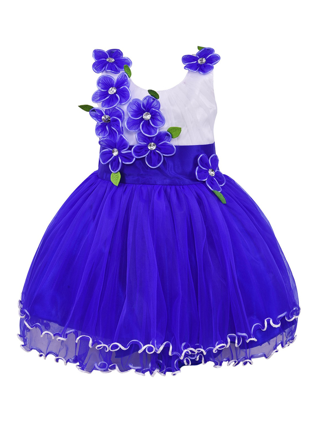 Wish Karo Blue & White Colourblocked Floral Applique Net Dress