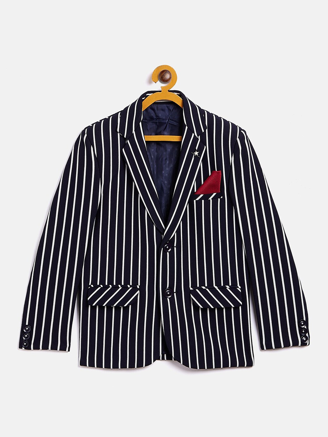 Crimsoune Club Boys Navy Blue And White Striped Single Breasted Blazer