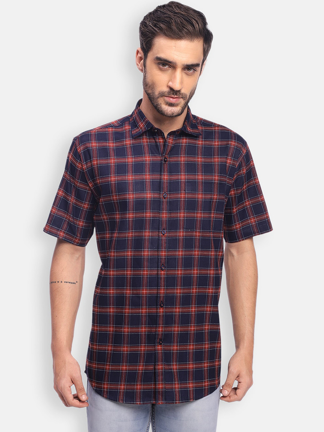 Zeal Men Navy Blue Standard Opaque Checked Casual Shirt