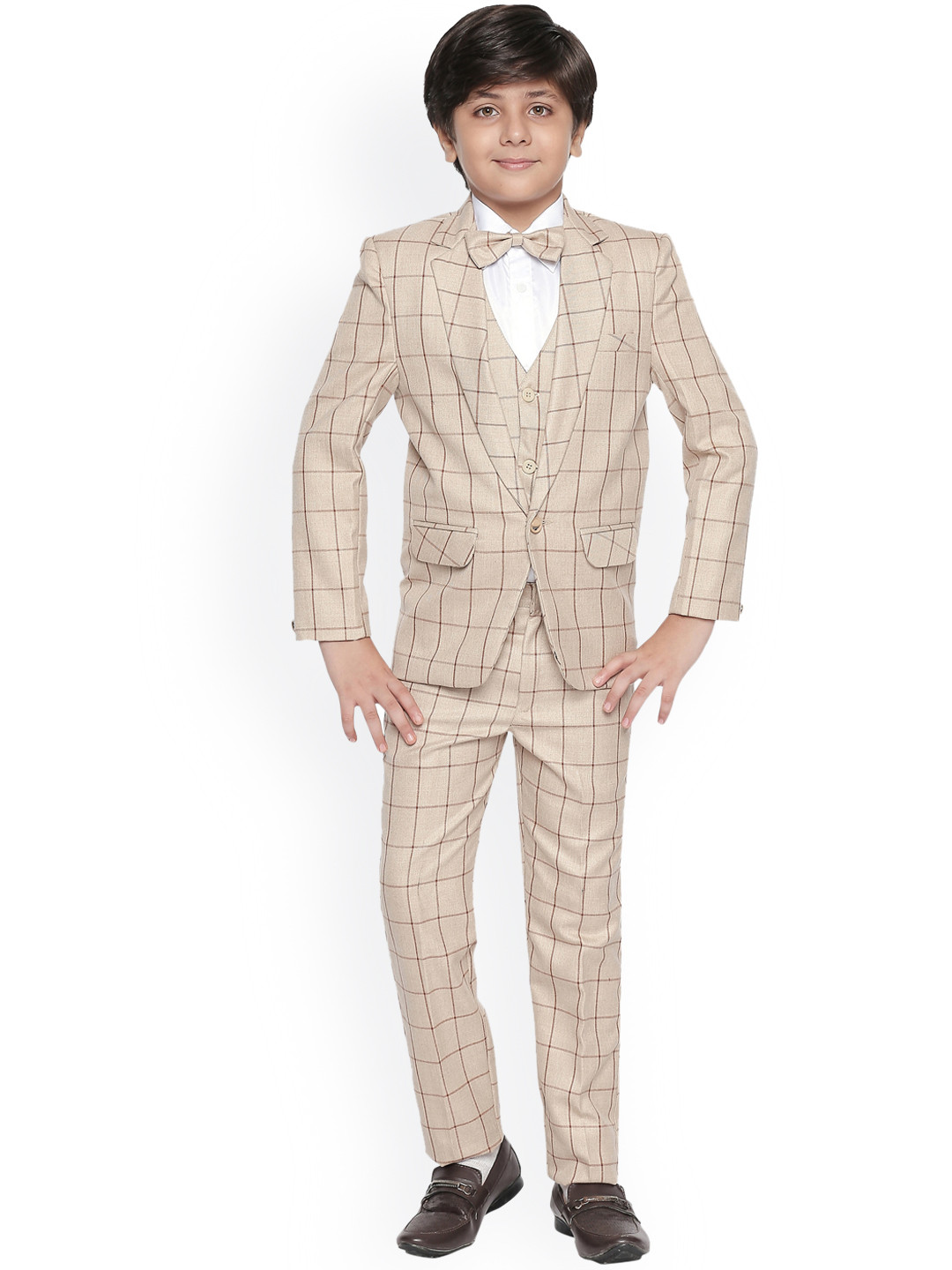 Jeetethnics Boys Beige Checked Coat Suit Set with Waistcoat Shirt and Trousers