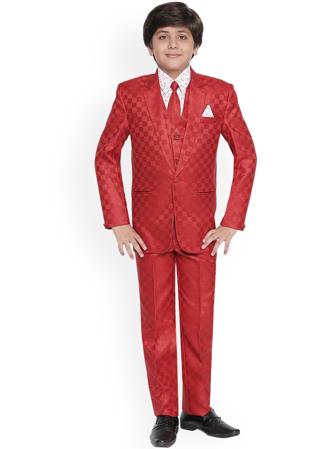 Jeetethnics Boys Red Checked Coat Suit Set with Waistcoat Shirt and Trousers