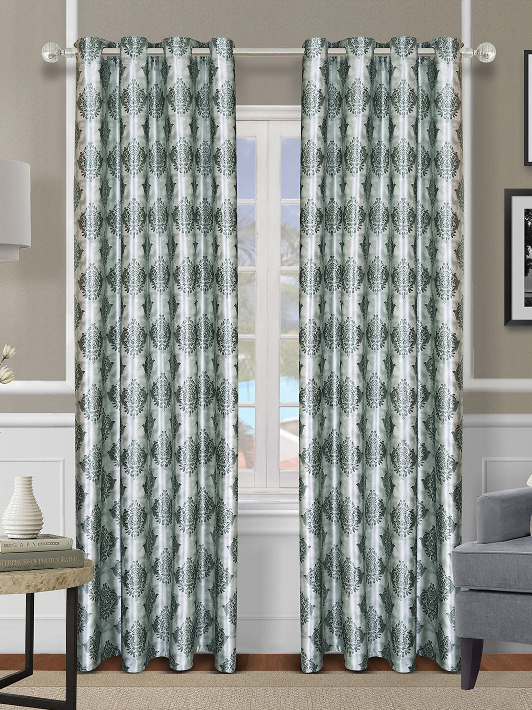 ROMEE Green & White Set of 2 Ethnic Motifs Room Darkening Door Curtain