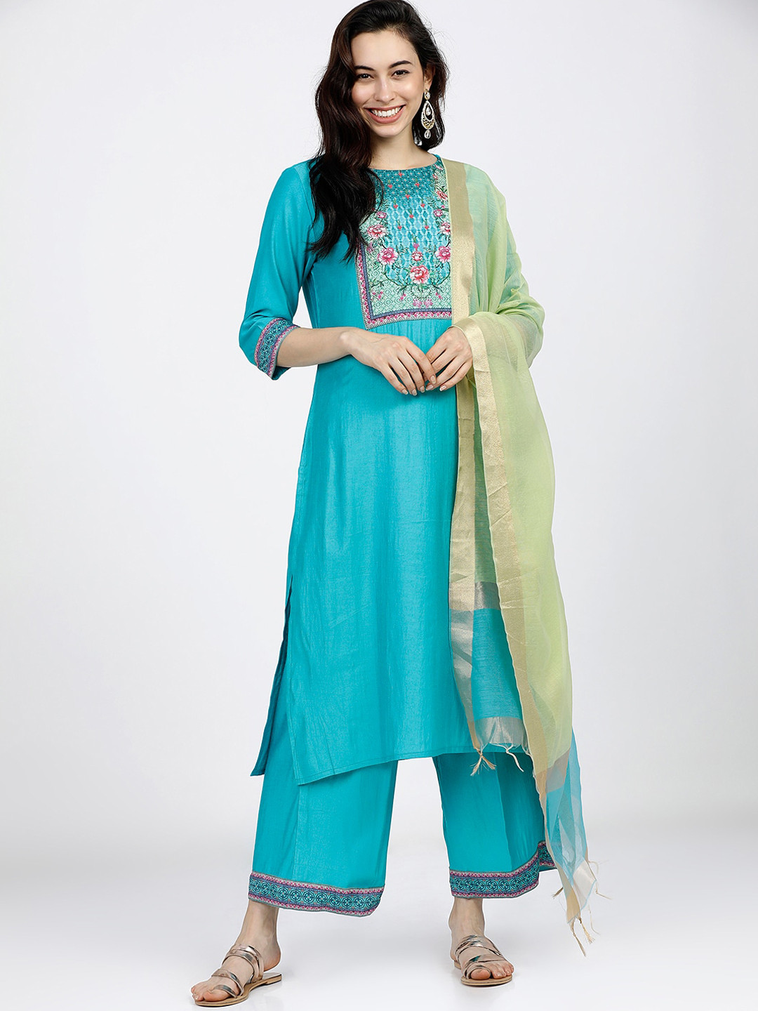 Vishudh Women Blue & Yellow Ethnic Motifs Yoke Design Kurta with Palazzos & Dupatta