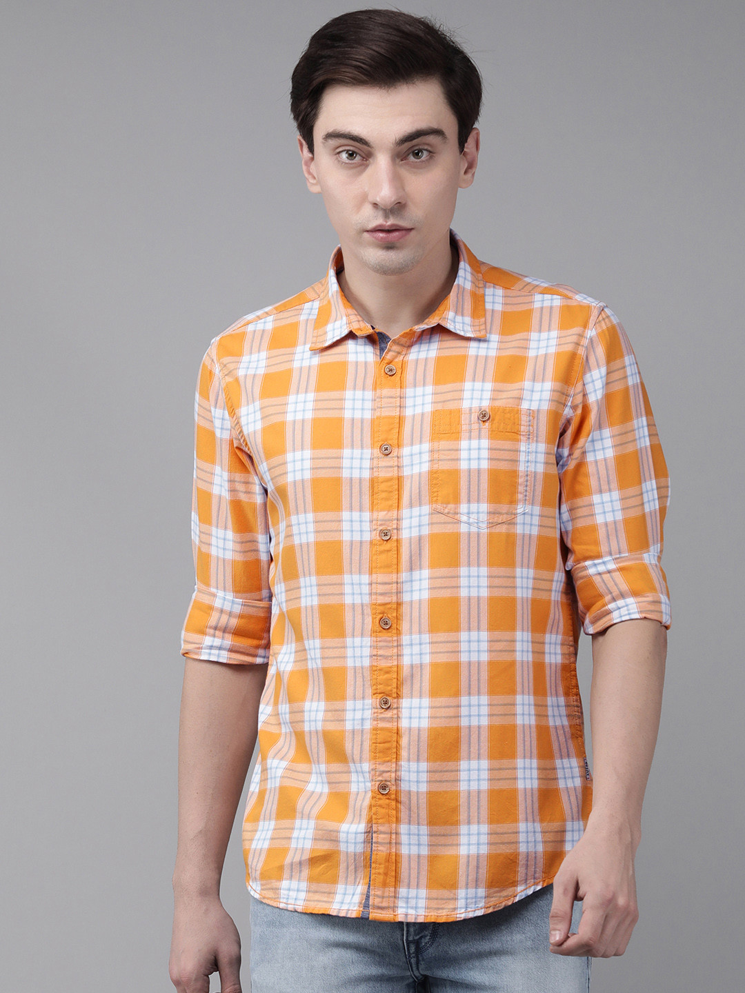 BEAT LONDON by PEPE JEANS Men Orange & White Slim Fit Tartan Checked Cotton Casual Shirt
