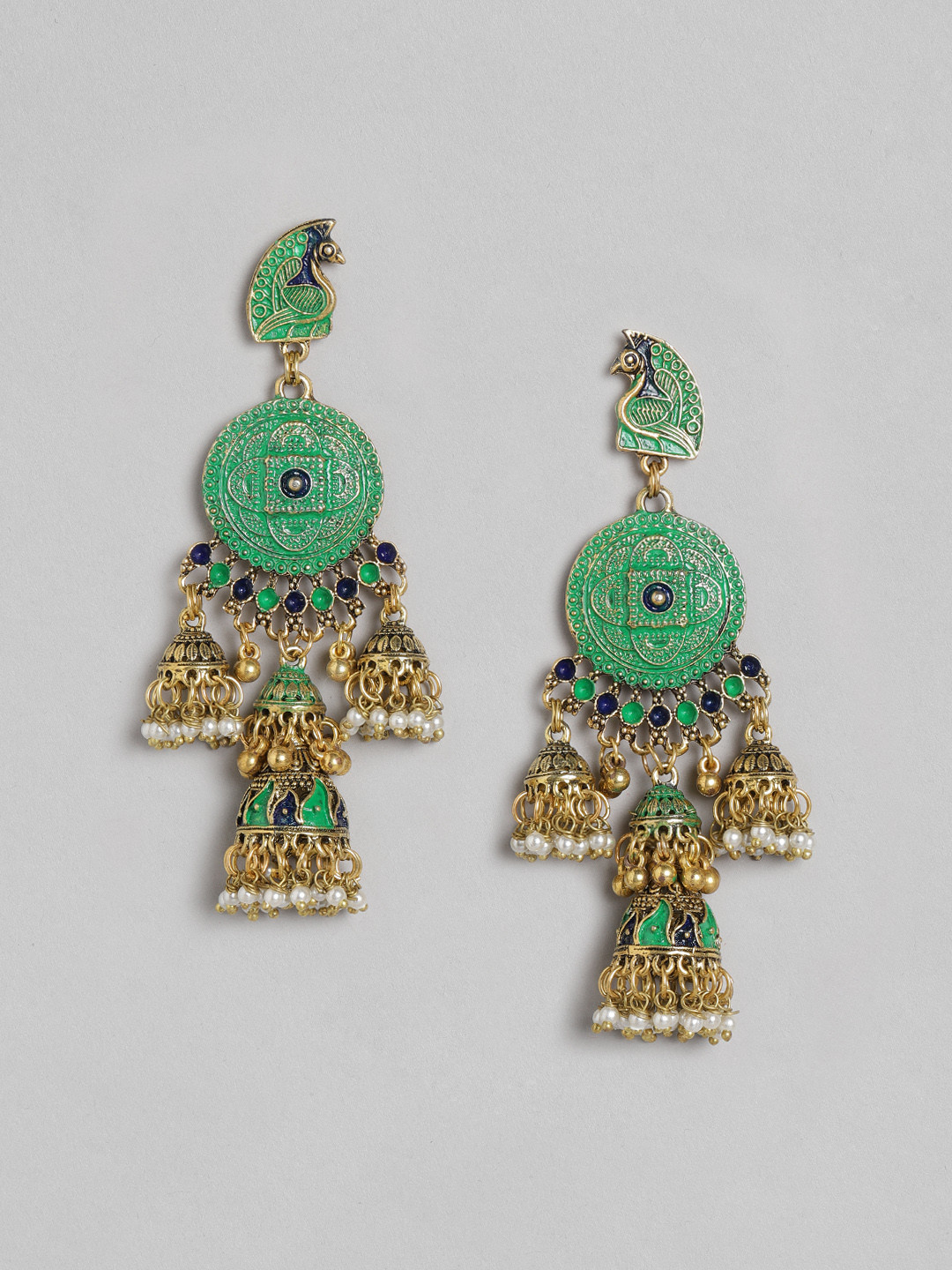 DIVA WALK Gold-Toned & Green Peacock Shaped Jhumkas Earrings