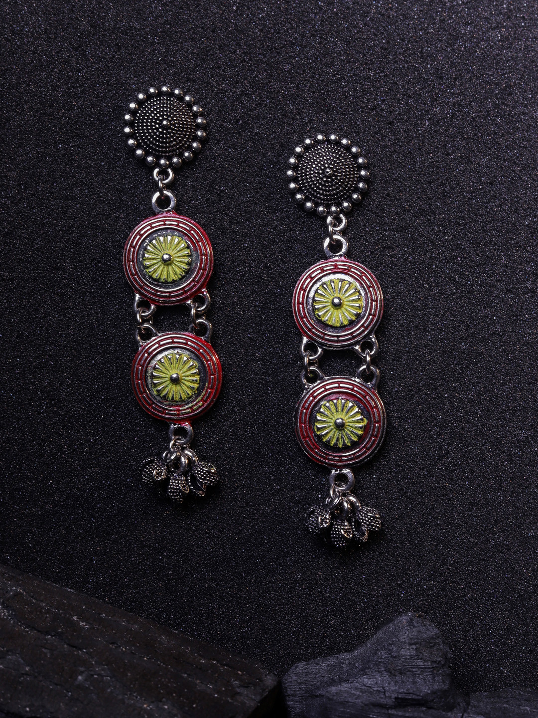 DIVA WALK Silver-Toned & Red Contemporary Drop Earrings