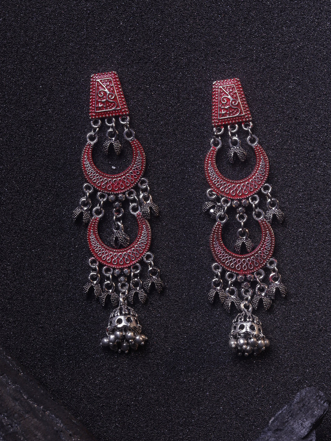 DIVA WALK Silver-Toned & Red Contemporary Chandbalis Earrings