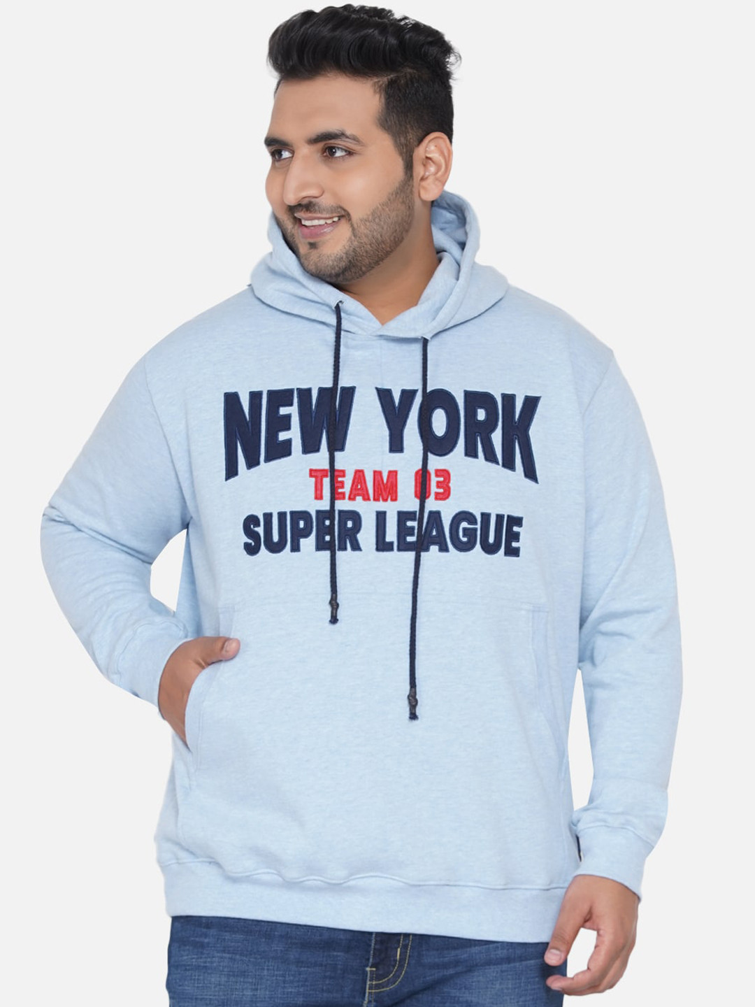 John Pride Men Blue Embroidered Plus Size Hooded Sweatshirt