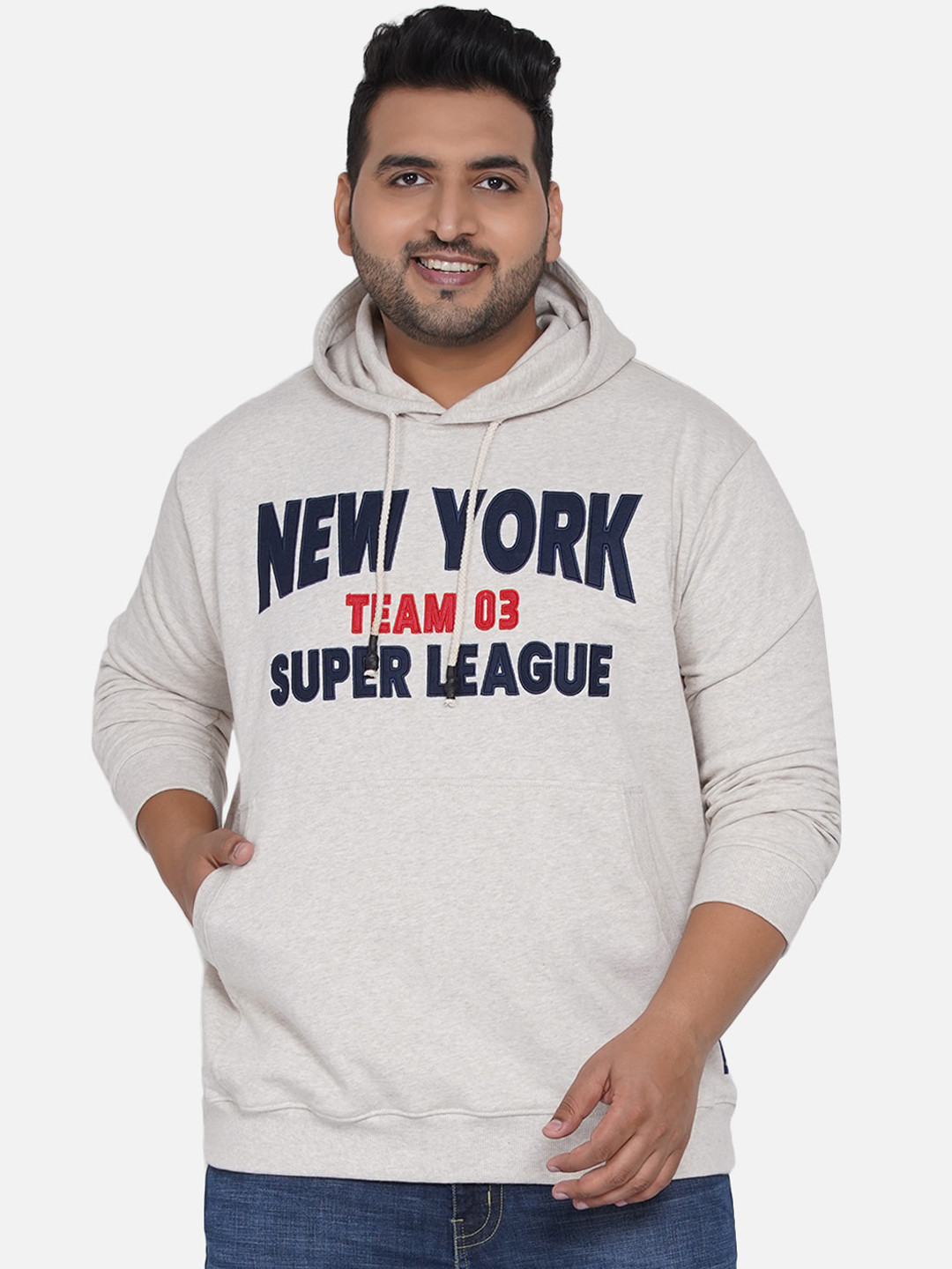 John Pride Men Cream-Coloured & Navy Blue Embroidered Plus Size Hooded Sweatshirt