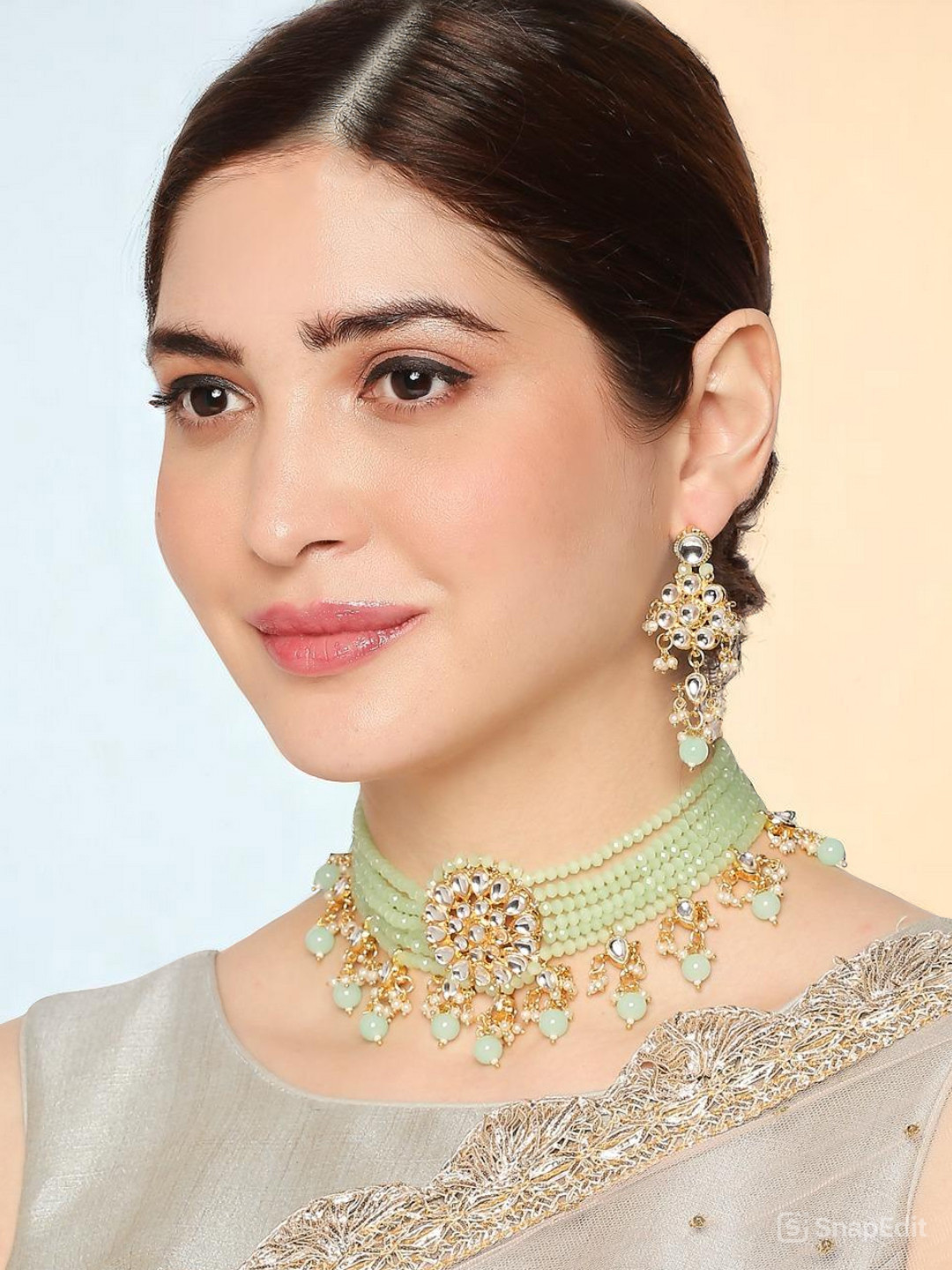 OOMPH Women Green Ethnic Choker Necklace Set with Matching Earrings