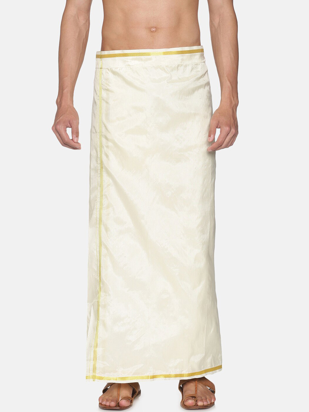 Sethukrishna Men Cream-Coloured & Gold-Coloured Solid Readymade Dhoti