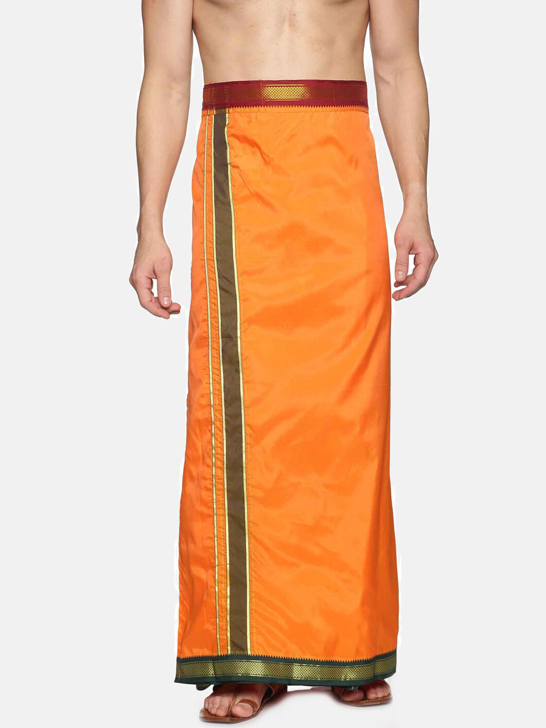 Sethukrishna Men Orange & Green Solid Ready Made Dhoti