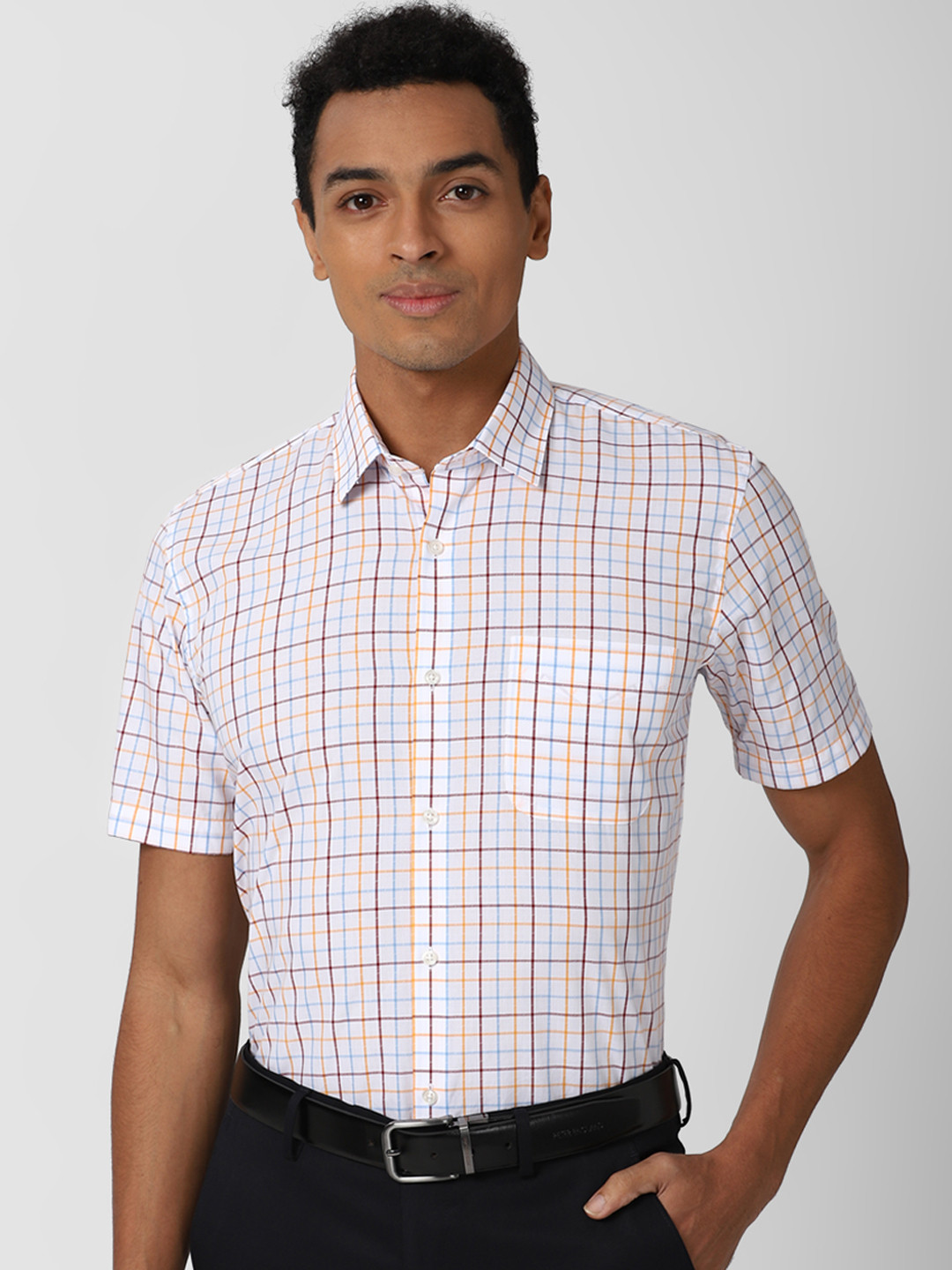 Peter England Men White Grid Tattersall Checks Formal Shirt