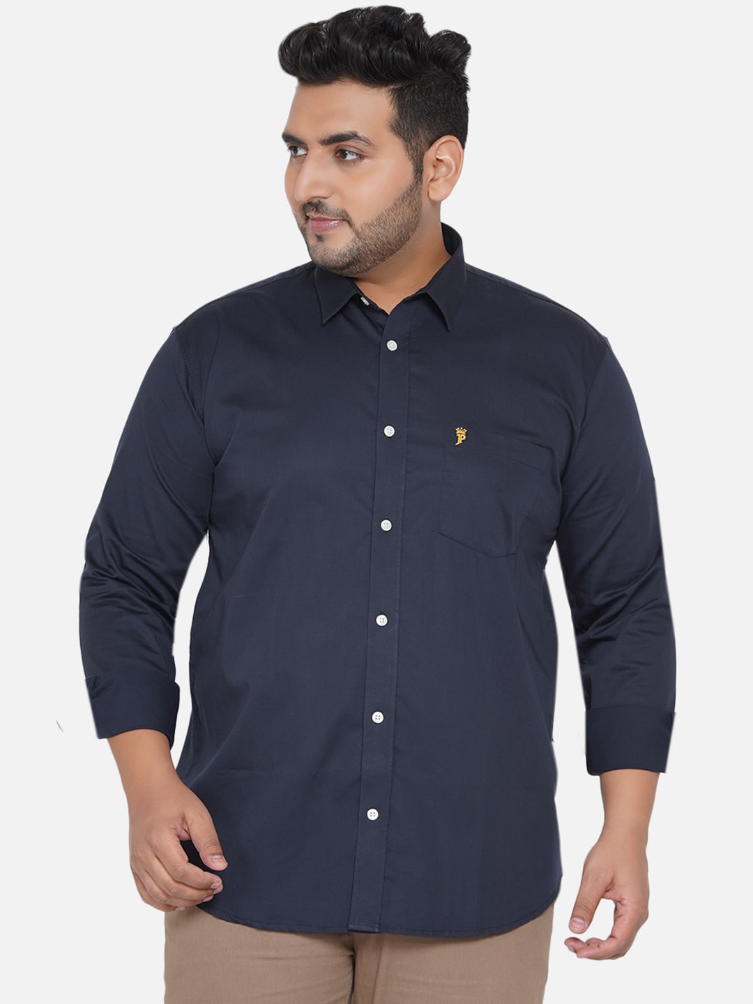 John Pride Men Navy Blue Solid Plus Size Casual Shirt