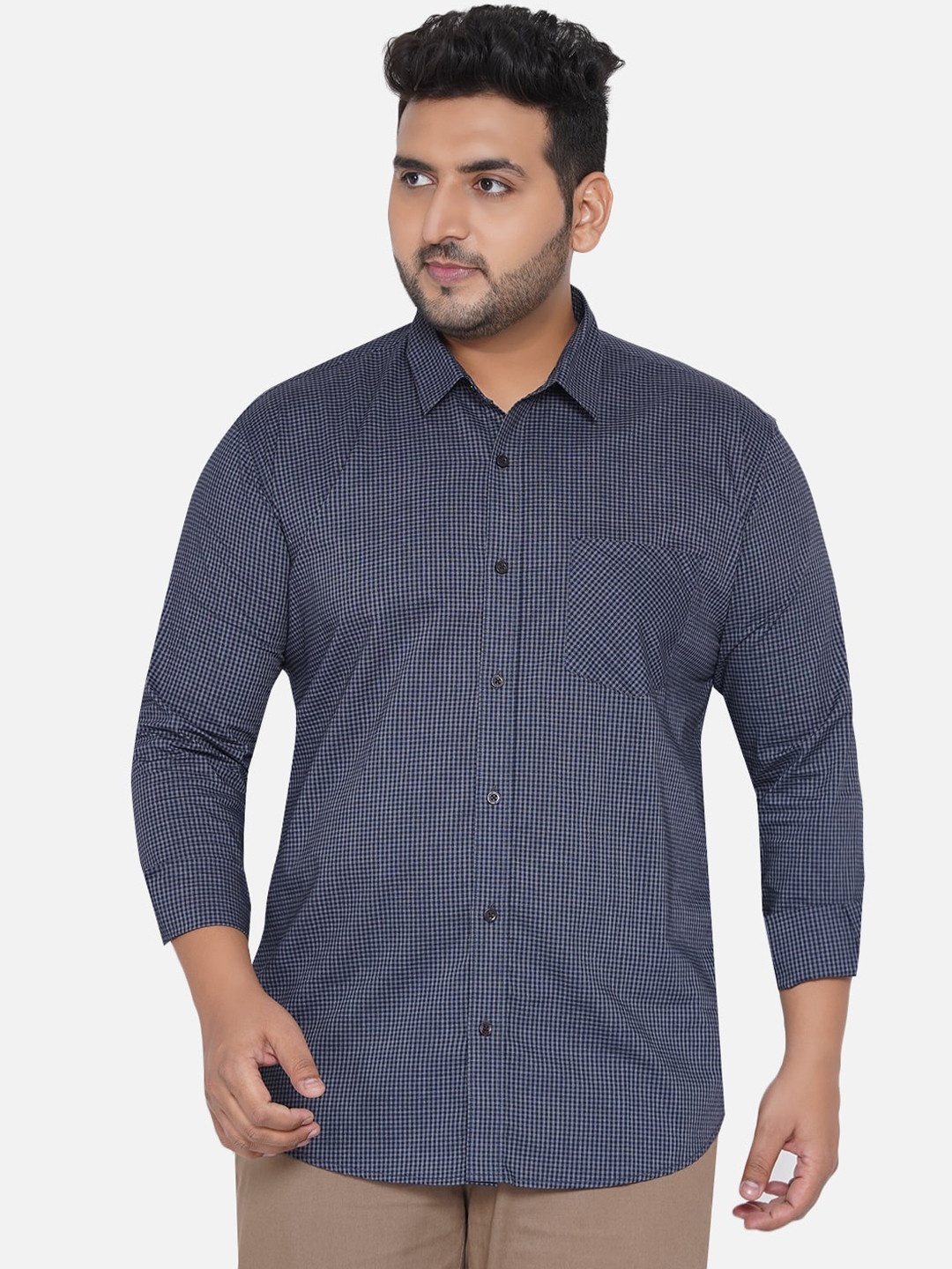 John Pride Men Grey Gingham Checked Plus Size Casual Shirt