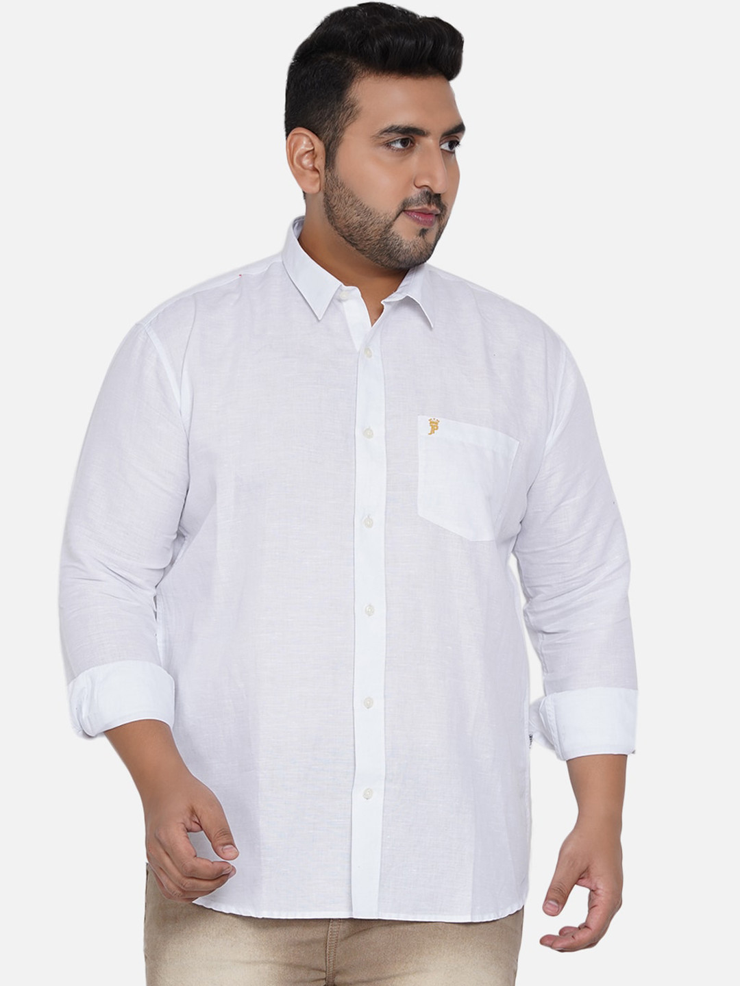 John Pride Men White Solid Plus Size Casual Shirt