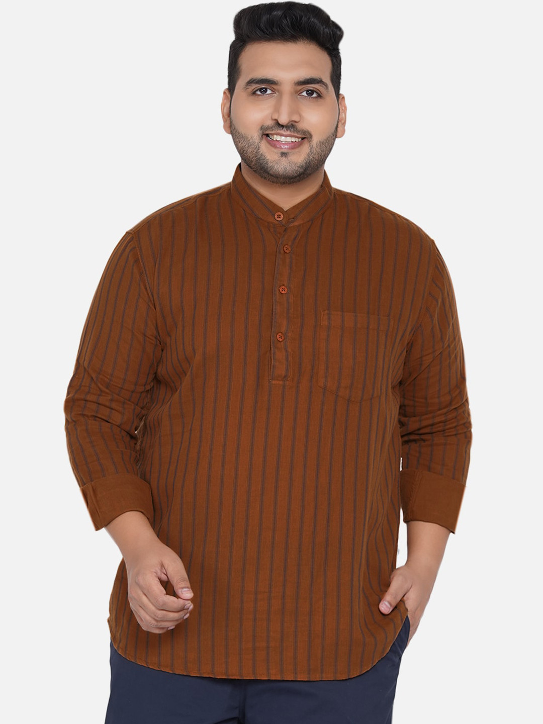 John Pride Men Brown Striped Plus Size Casual Shirt