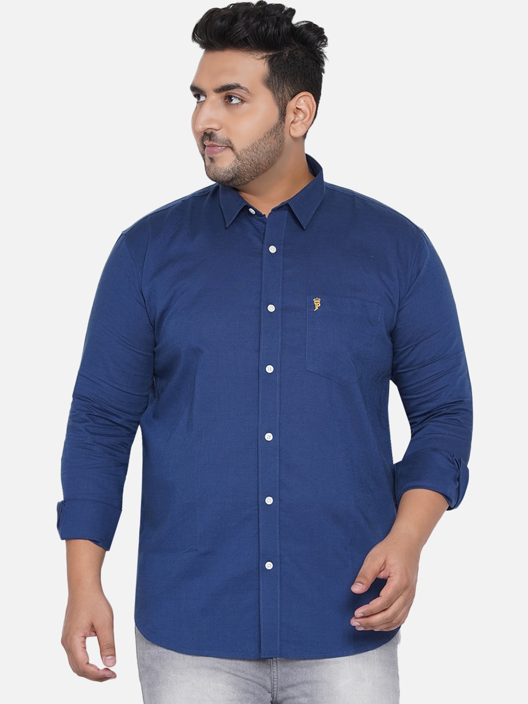 John Pride Men Blue Solid Plus Size Casual Shirt