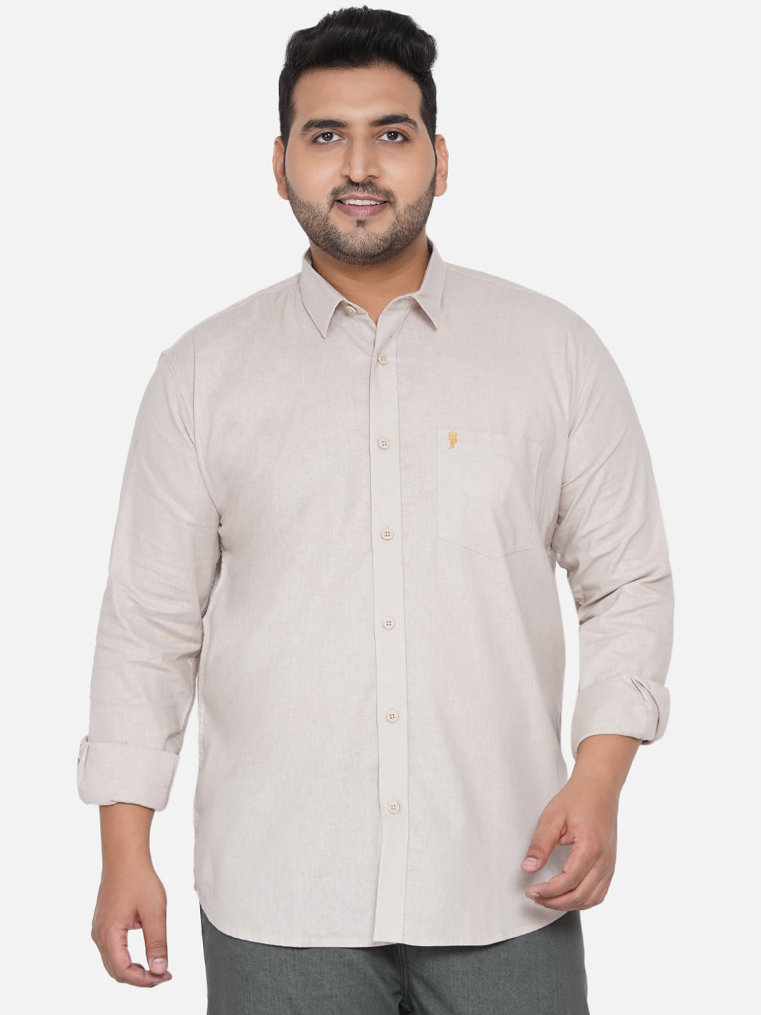 John Pride Men Beige Solid Linen & Cotton Plus Size Casual Shirt