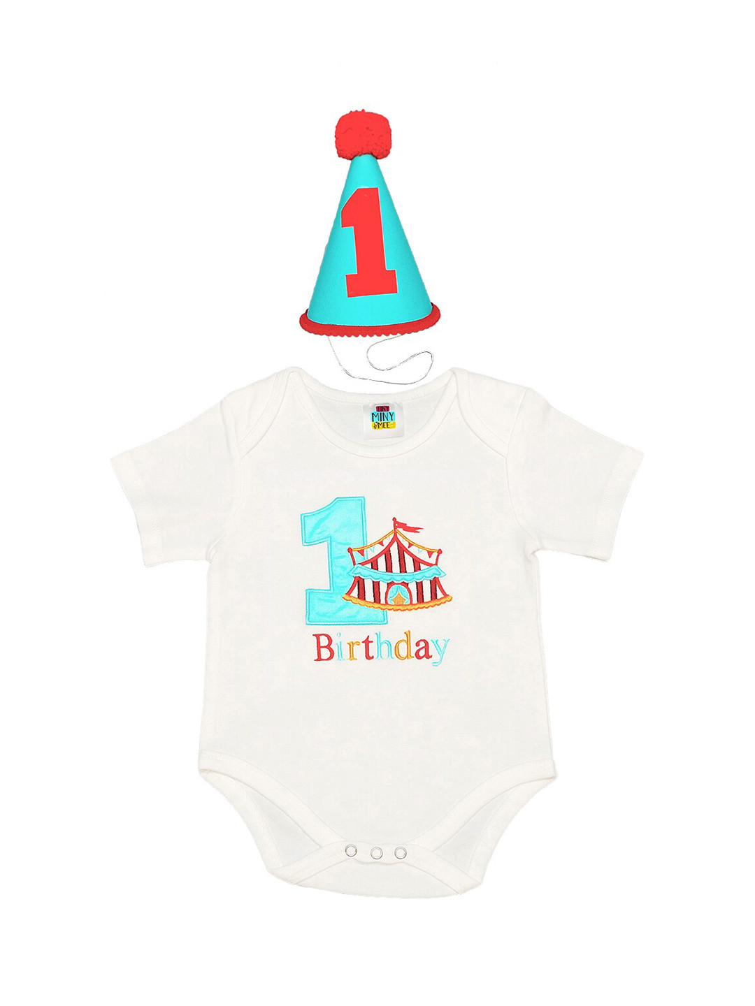 TINY MINY ME Boys White One Circus Printed Bodysuit with Cap