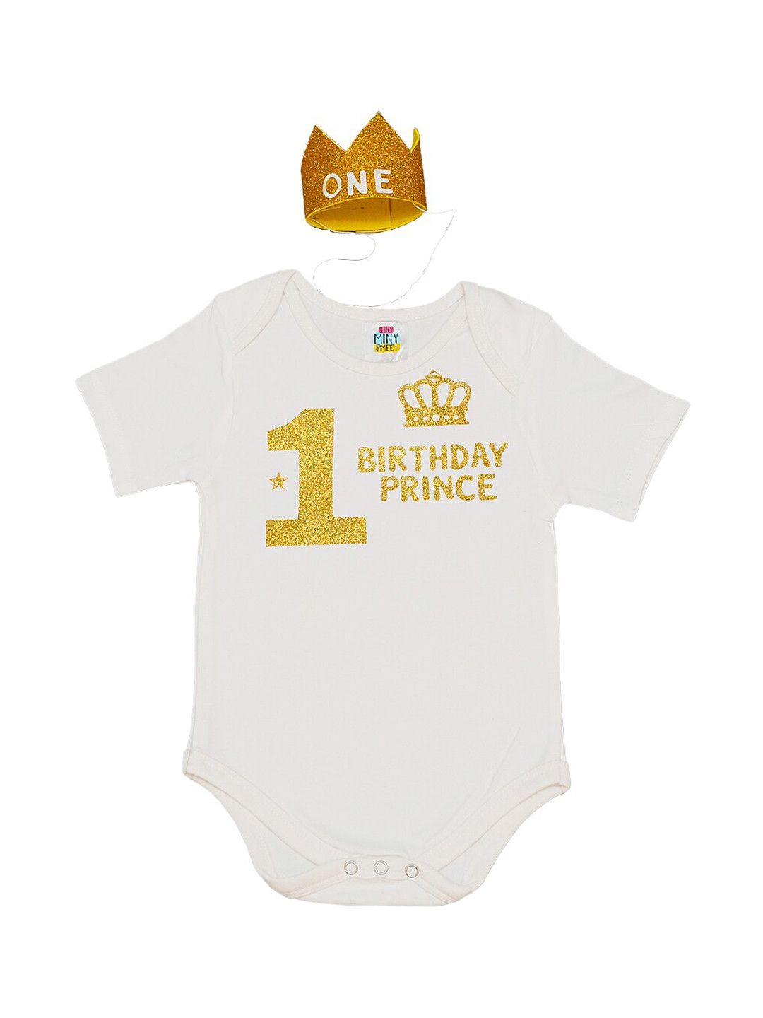 TINY MINY ME Boys White First Birthday Prince Printed Bodysuit with Crown