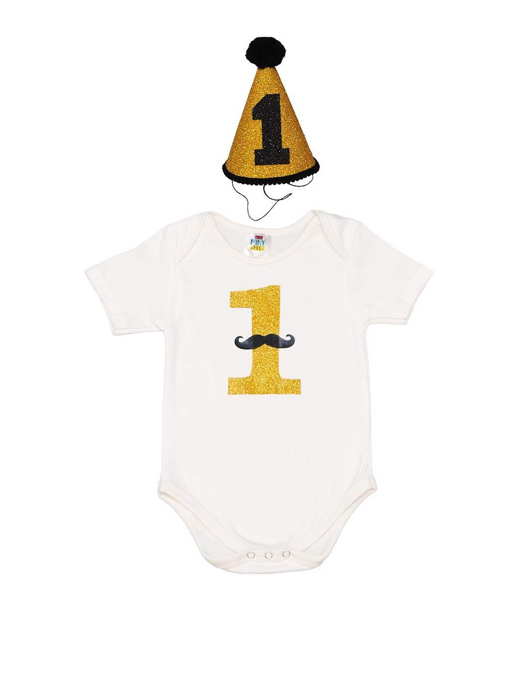 TINY MINY ME Boys White Moustache Bodysuit with Cap