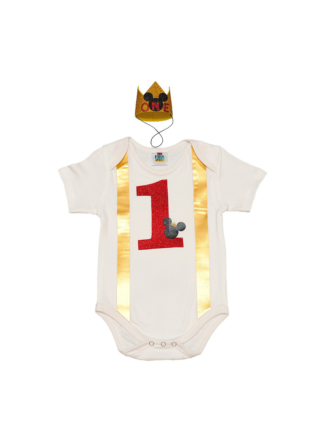 TINY MINY ME Boys White & Gold-Toned Mickey Printed Party Bodysuit With Crown