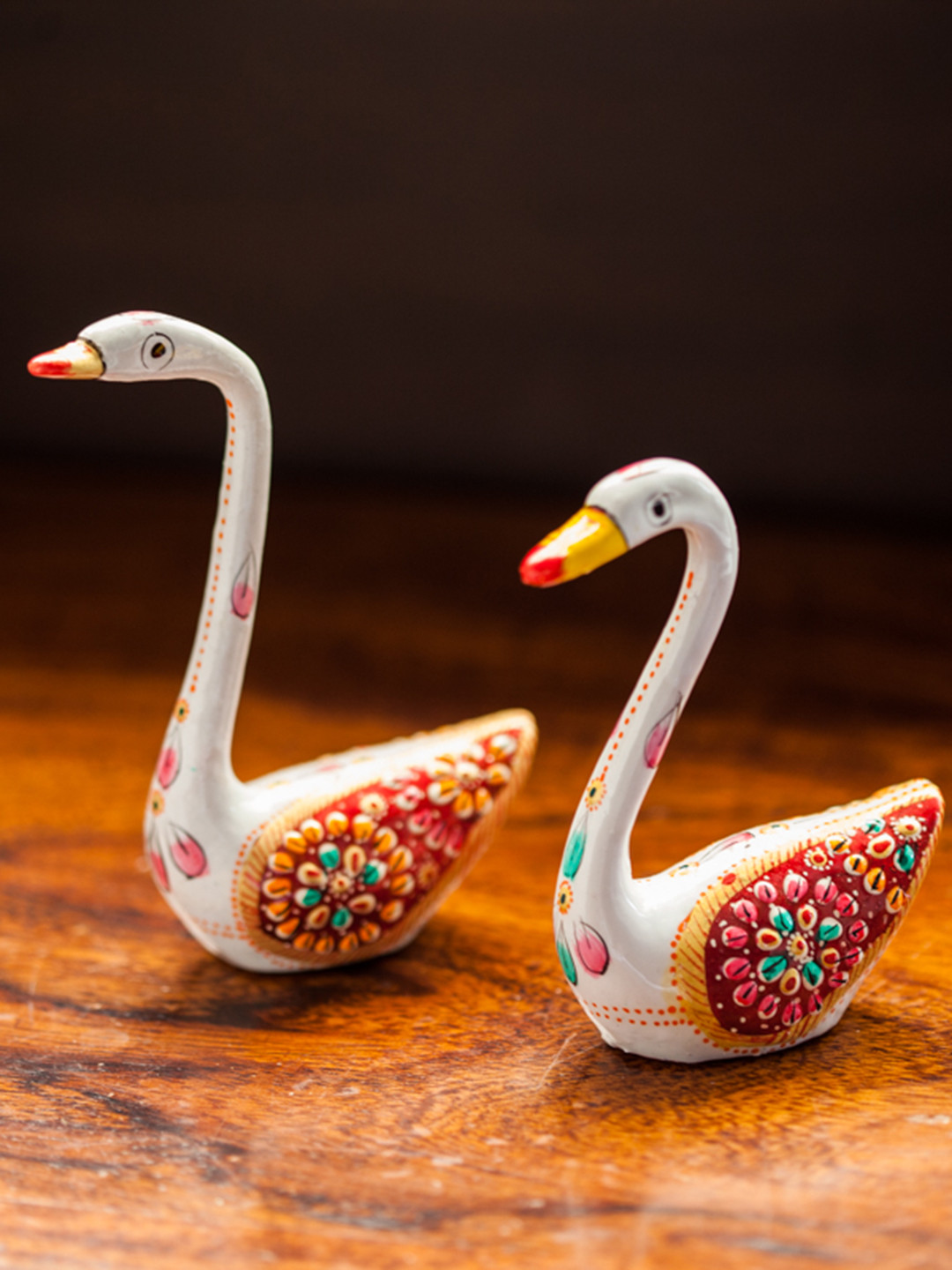 ExclusiveLane Meenakari Swan White Metal Metallic Living Room Set of 2 Small Showpieces - 4.2 Inches
