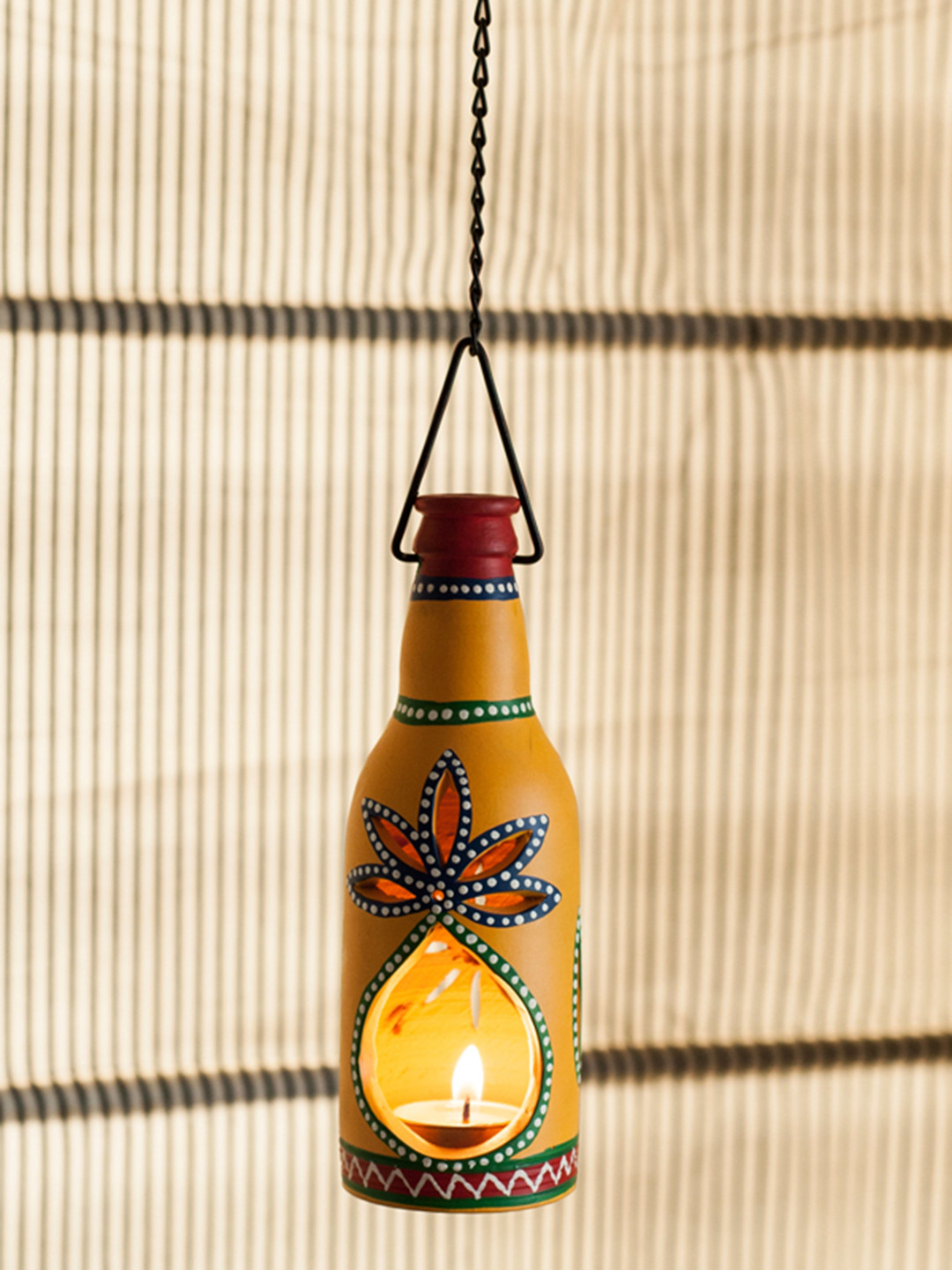 ExclusiveLane Yellow Hand-Painted Terracotta Hanging Tea-Light Candle Holder