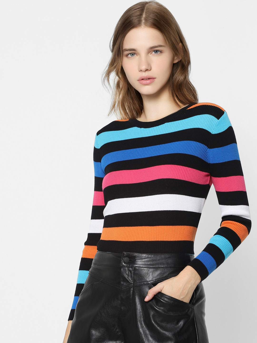 ONLY Women Black & Pink Striped Sweater