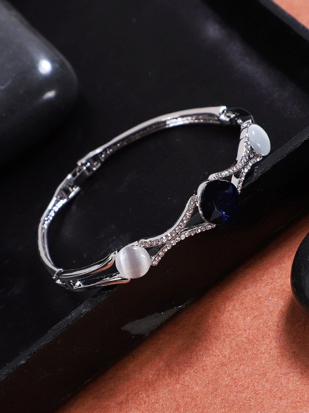 AQUASTREET Women Silver-Toned Crystals Silver-Plated Bangle-Style Bracelet