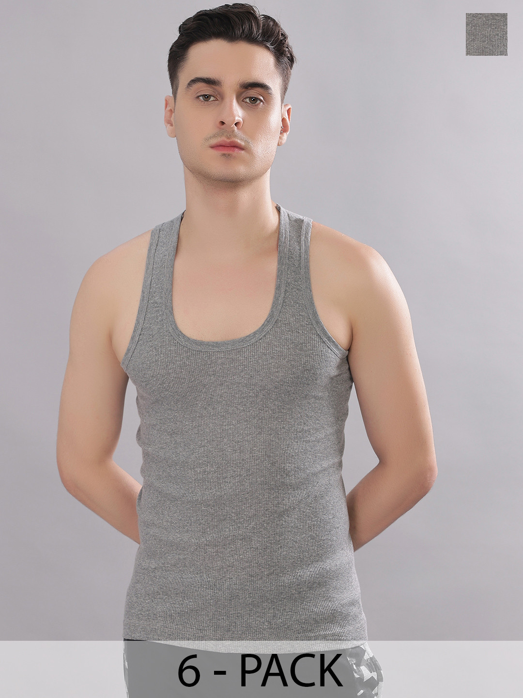 Dollar Bigboss Men Solid Pack of 6 Grey Cotton Stretch Rib Regular Fit Casual Vest