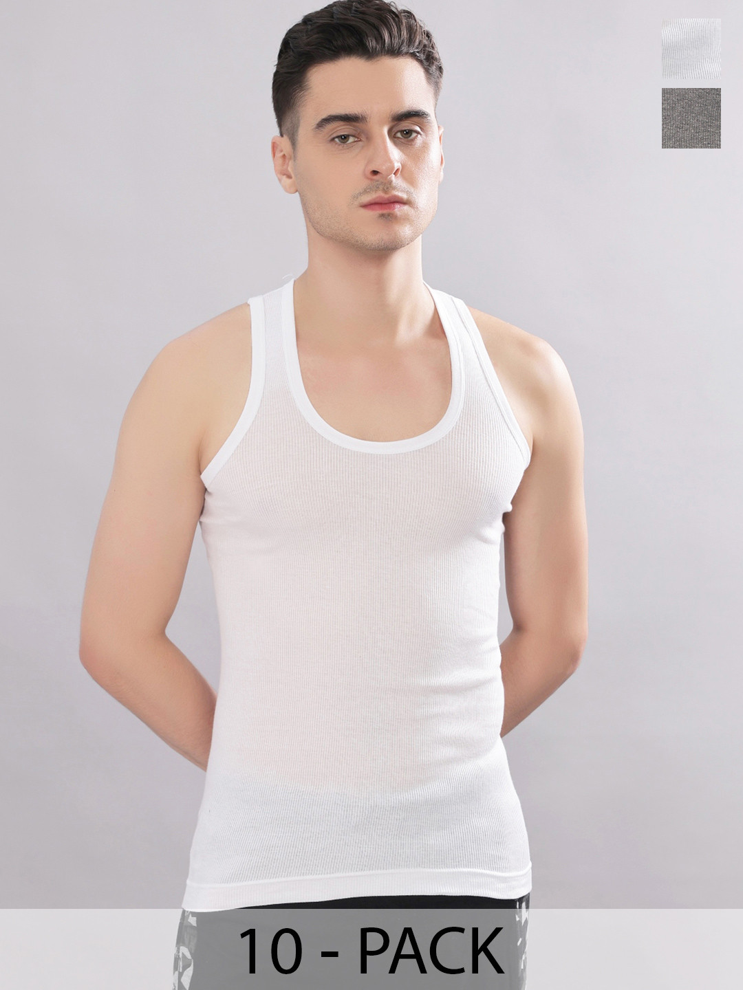 Dollar Bigboss Men Solid Pack of 10 Cotton Stretch Rib Regular Fit Casual Vest