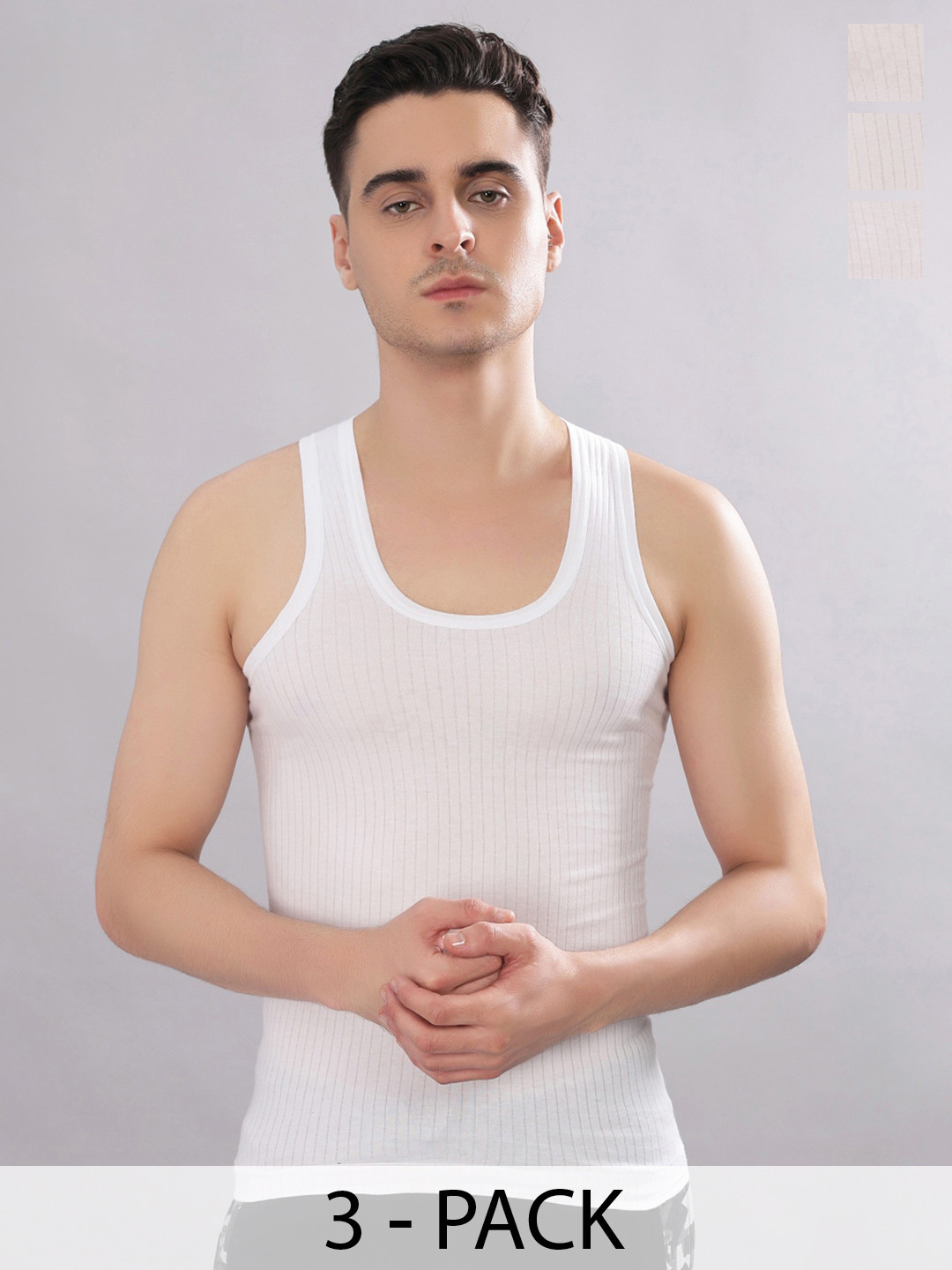 Dollar Bigboss Men Solid Pack of 3 White Cotton Magic Rib Regular Fit Casual Vest